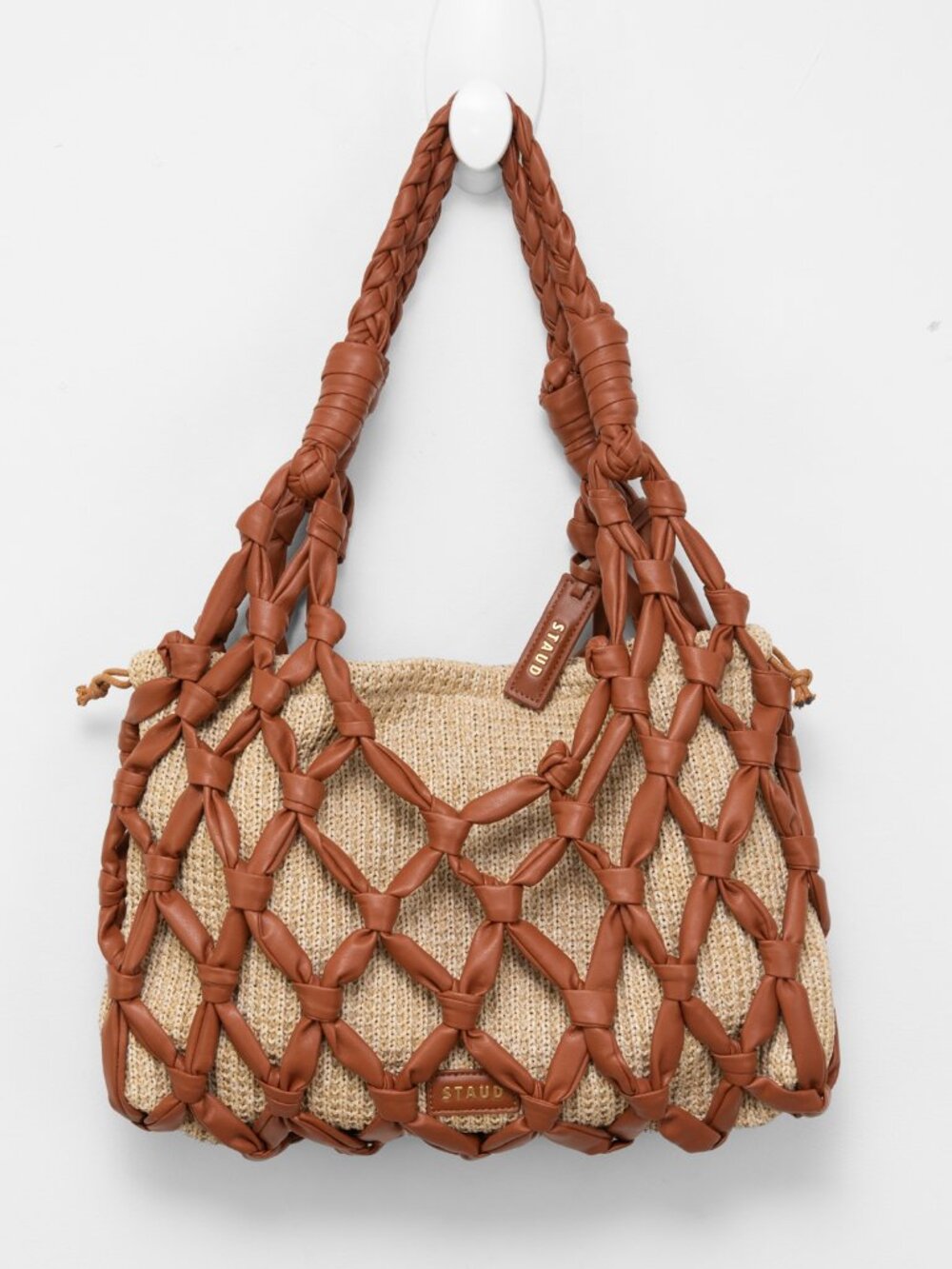 STAUD Hitch Shoulder Bag Knot Caged Purse Canvas Braided Brown Tan